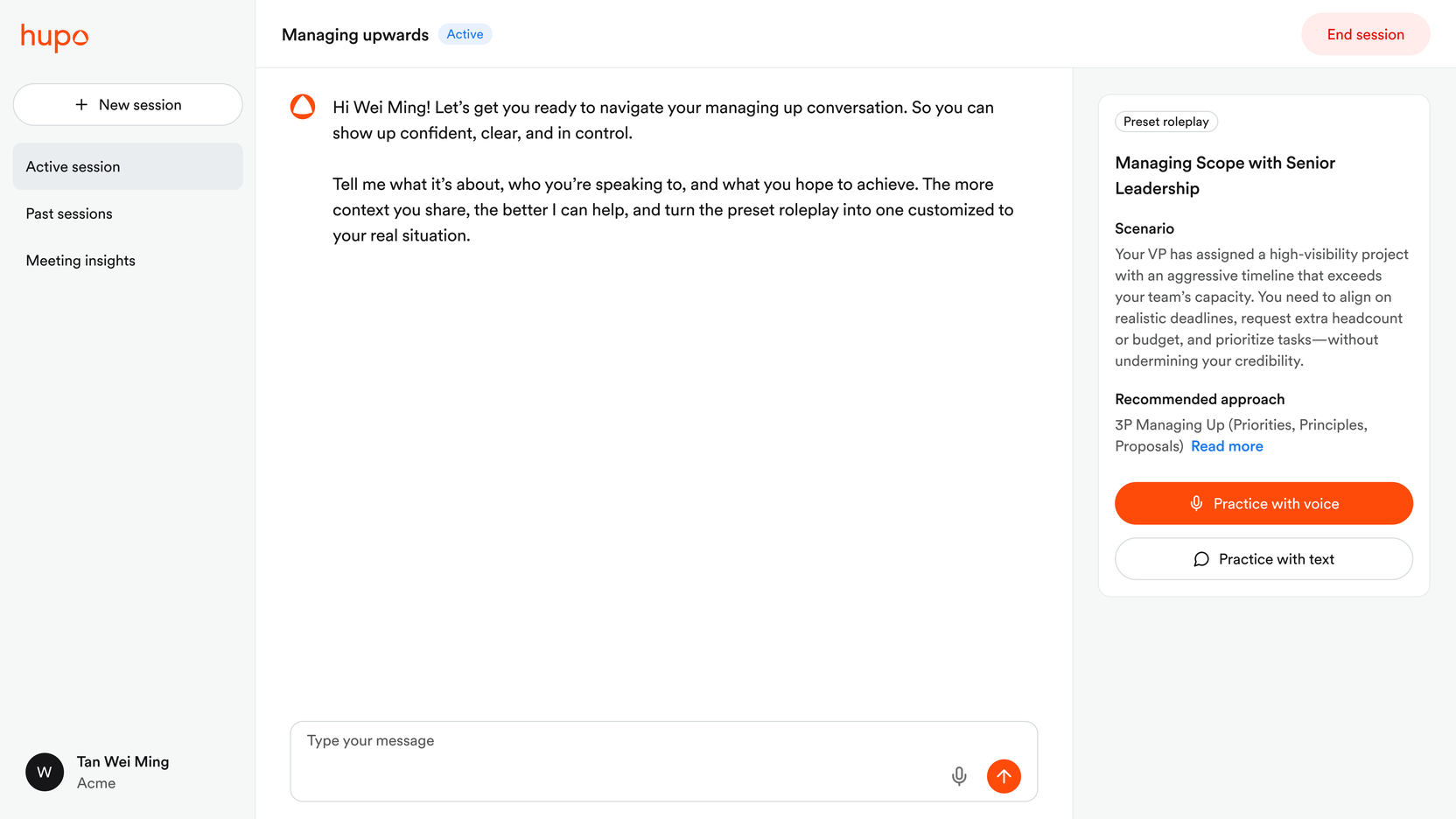 Hupo web app: a general coaching chat on managing upwards, with a preset roleplay beside it