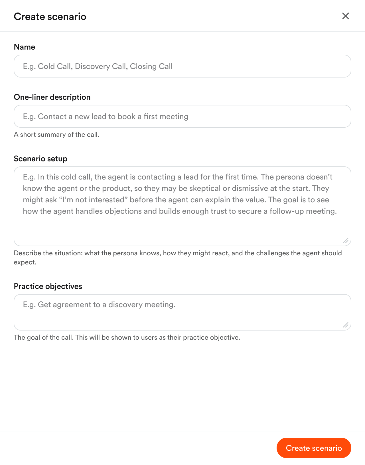 Create scenario form: name, one-liner, scenario setup and practice objectives