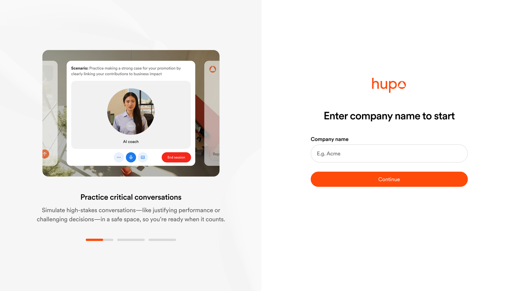 Hupo web sign-in: enter your company name, beside a preview of practicing critical conversations