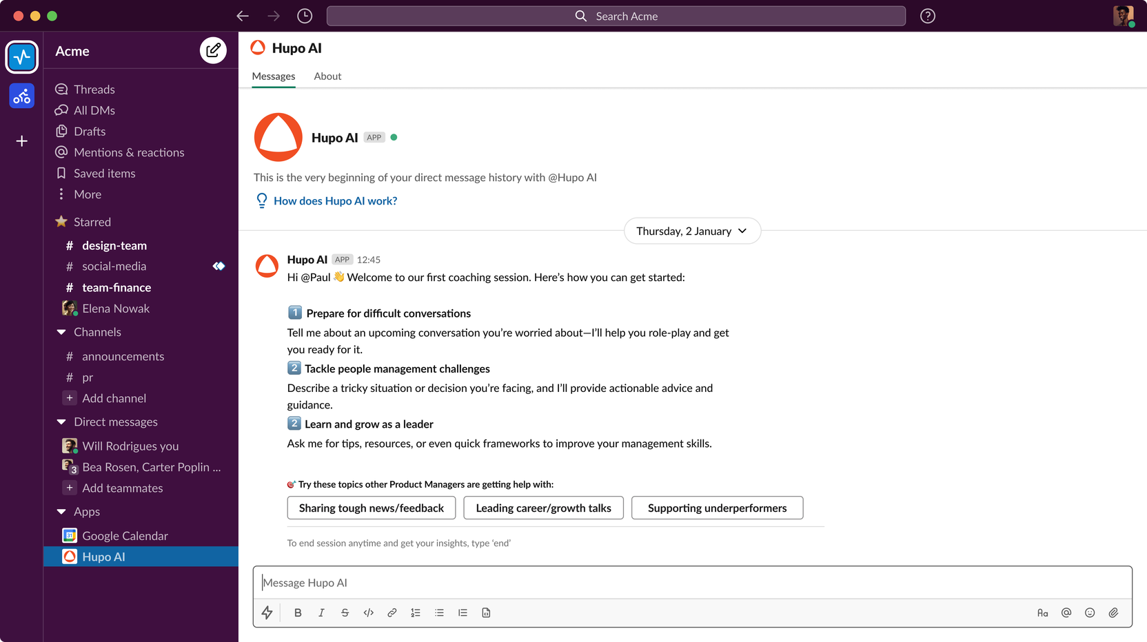 Hupo AI coaching bot in Slack, welcoming a manager to their first coaching session