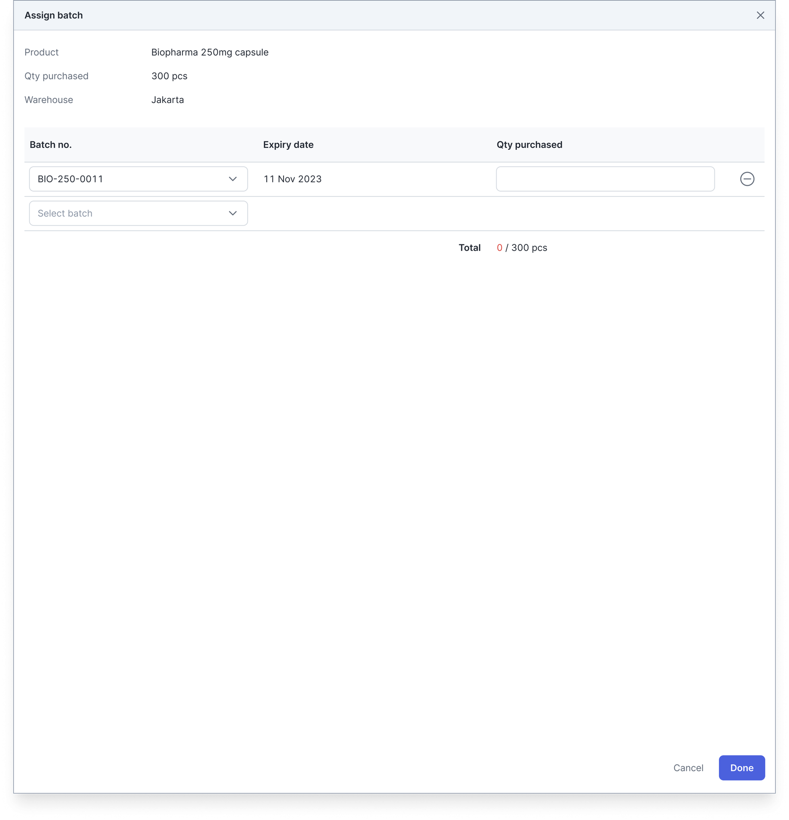 Batch picker on a purchase invoice